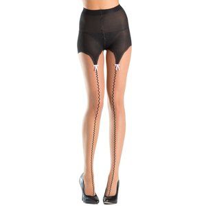 Sheer Pantyhose with Faux Garter Belt Design Zig Zag Stitched Print